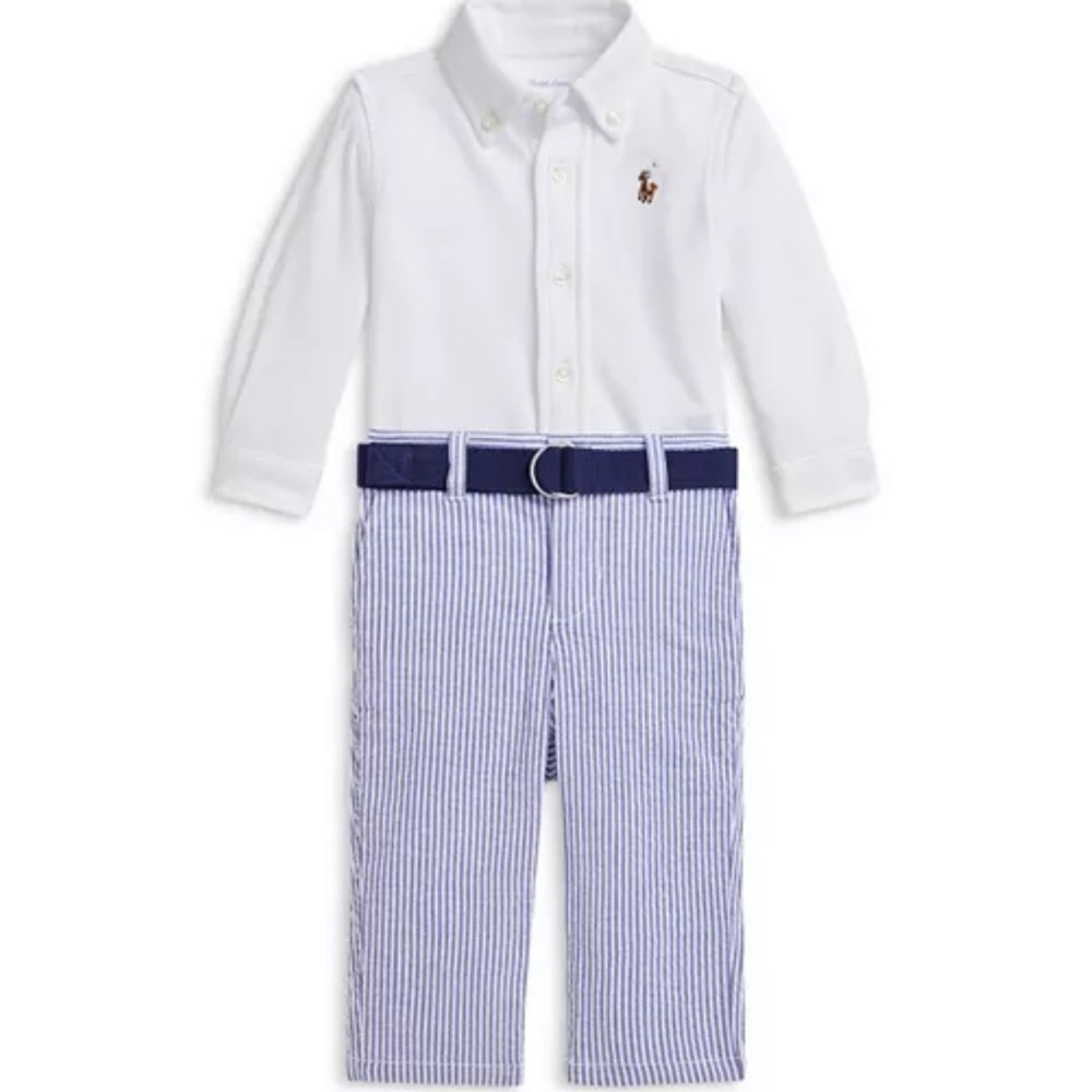 Ralph Lauren White Polo Top with Blue Striped Seersucker Pants, Size 3 months